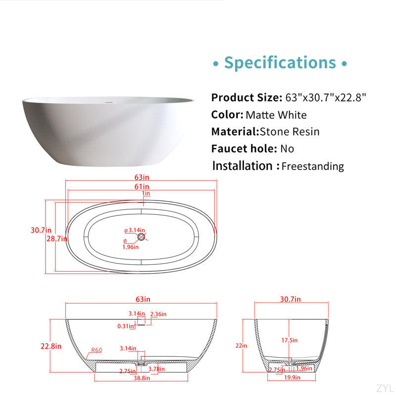 63″Solid Surface Matte Tub, Solid Surface Soaking Tub, Stone Resin Freestanding Bathtub, Thick Edge Stand Alone Tubs With Overflow, Pop-Up Drain, Matte White (Oval)