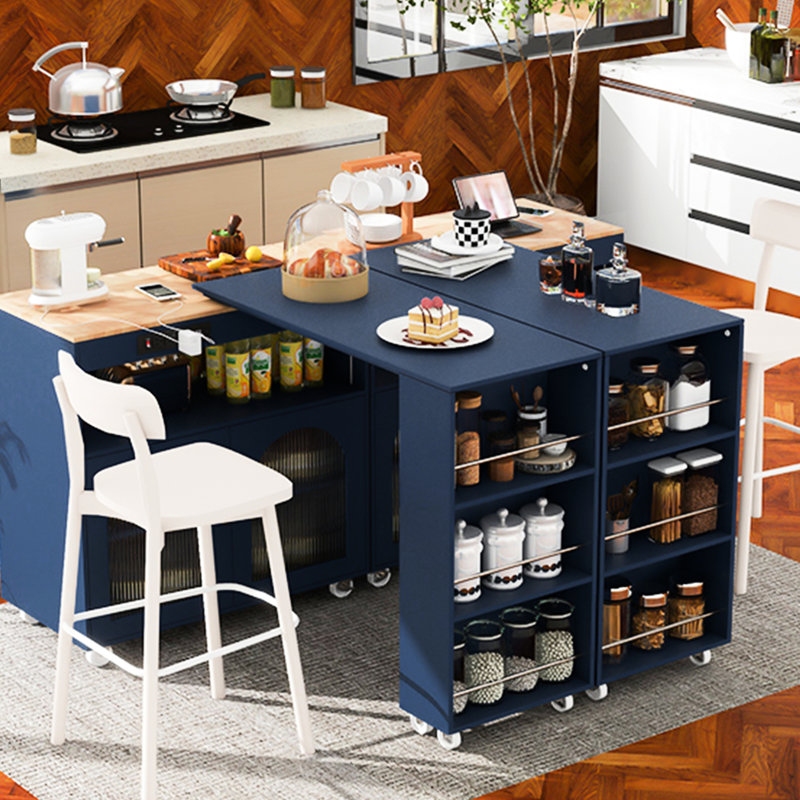 Îlot de cuisine bleu marine avec roues, prises de courant, 2 portes en verre cannelé, armoire de rangement à DEL, prise de courant