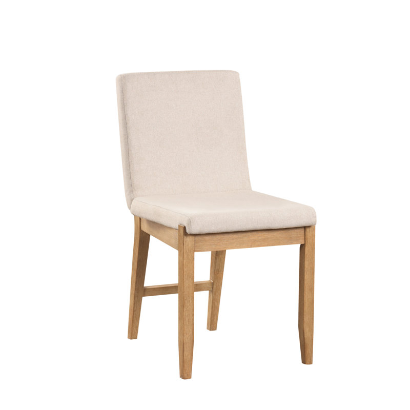 Chaise rembourrée avec dossier plein et structure en bois massif, Lin naturel / brun clair, 1