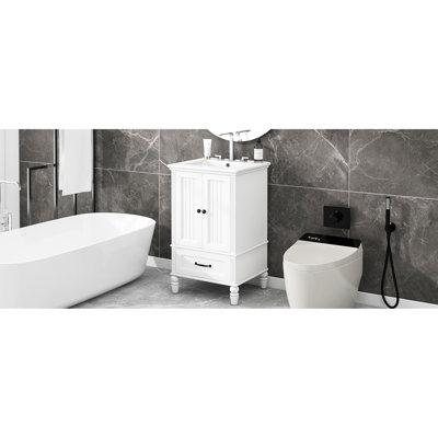 Meuble-lavabo de 20 pouces avec lavabo en céramique, portes et tiroir d'armoire, charnières en acier inoxydable, poignées noires, deux portes à finition peinte, une en métal blanc, assemblage requis