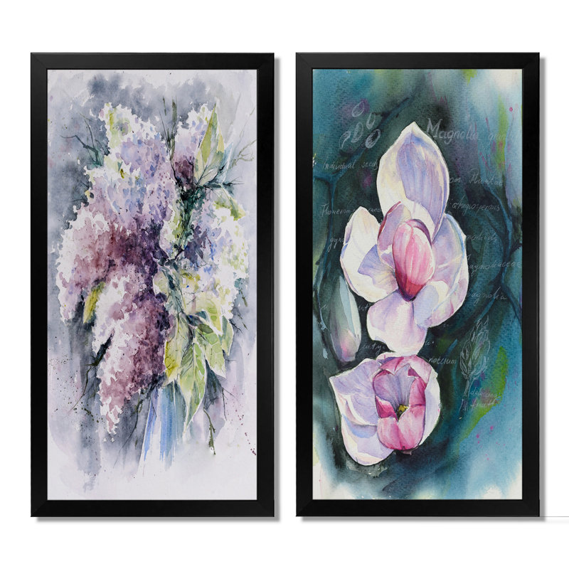 Fleurs de magnolia - ensemble de 2 peintures sur toiles, H 20 po x l 24 po x P 1 po, Cadre photo noir