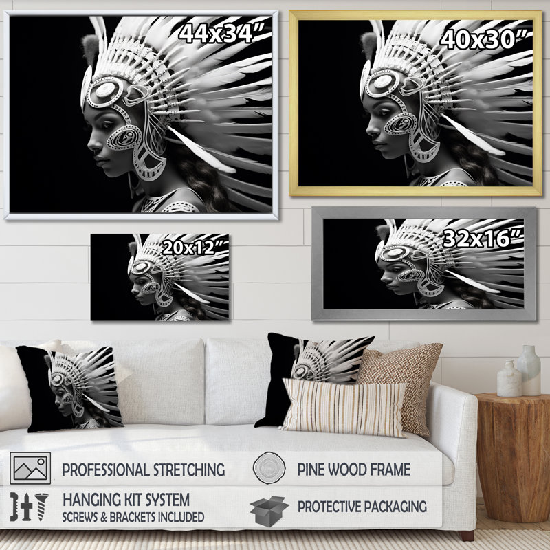 Impression sur toile, "Native Spirit" en noir et blanc, Cadre flottant doré, H 12 po x l 20 po x P 1 po