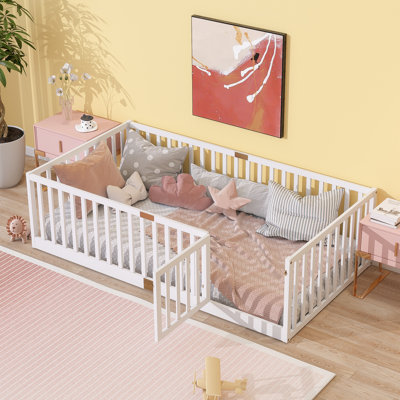 Twin Size Floor Bed With High Fence Railings, With Door, Rubber Wood Floor Bed With Safety Guardrails,White