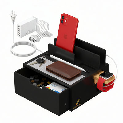 Bamboo Charging Station With 5-Port USB Hub And Drawer, Multi-Device Organizer For Phone Watch Earbuds, Includes 5 Cables