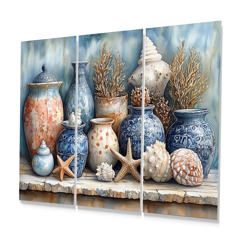 «Blue and White Beach Pottery Oceanic Odyssey», ensemble d'art mural de poterie de plage, Métal métal