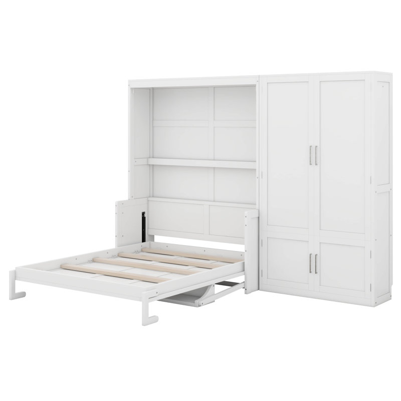 Grand lit armoire mural en bois avec rangement intégré, Blanc