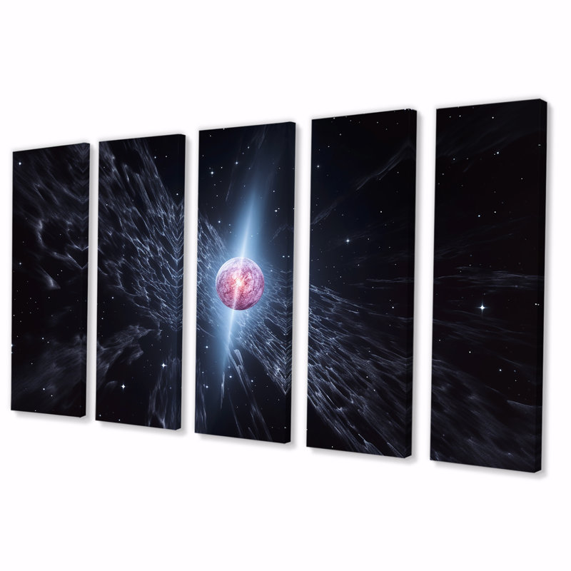 Planète rose en orbite dans l'espace lointain - art mural 5 pièces, H 28 po x l 60 po
