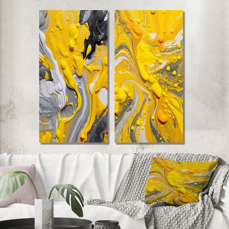 Ensemble d'art sur toile jaune et gris, 2 pièces - vibrations cosmiques jaunes et grises, H 32 po x l 32 po, Toile tendue