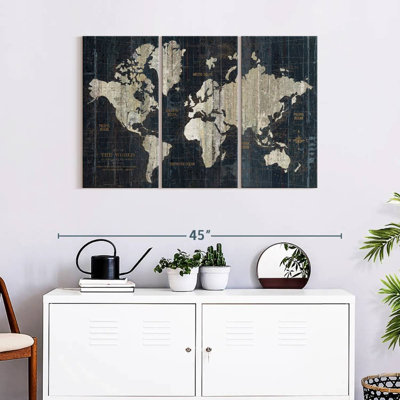 " Old World Map In Blue " 3 - Pieces