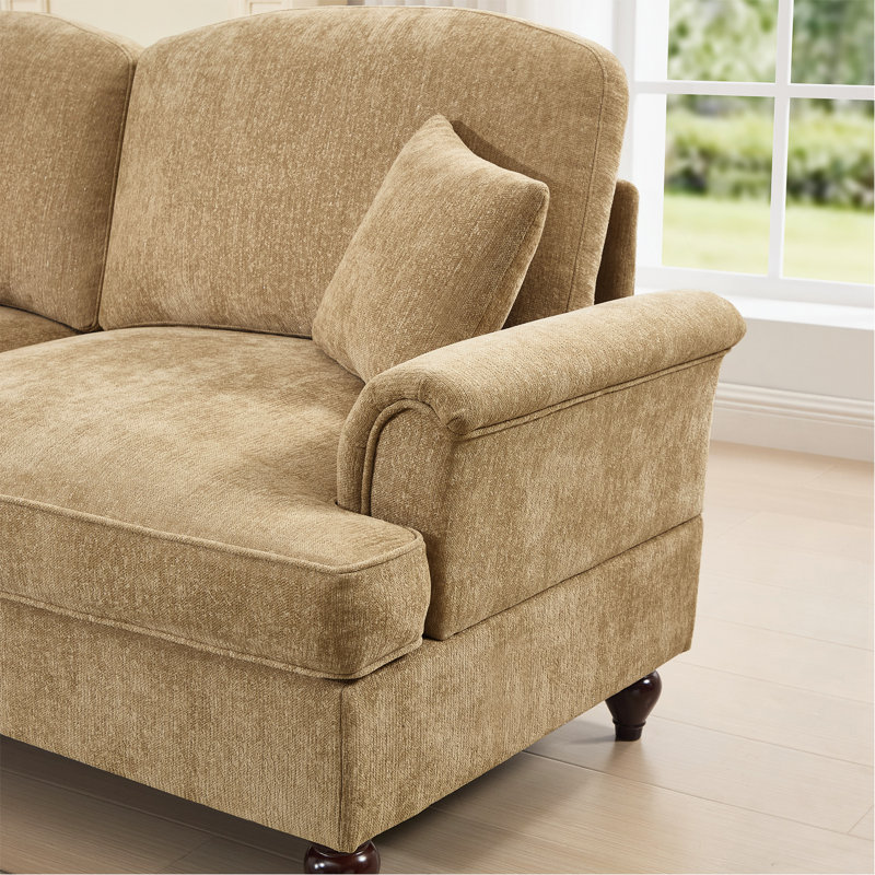 Élégant canapé Mid-Century modulaire à deux places en forme de L avec accoudoirs évasés et volants amovibles, avec jupes plissées et pieds fuselés, canapé-lit en chenille confortable avec repose-pieds mobile, café clair