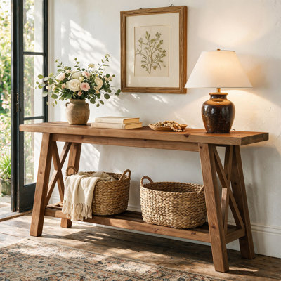 63" Solid Wood Console Table with 2-Tier Storage, Farmhouse Entryway Table for Living Room