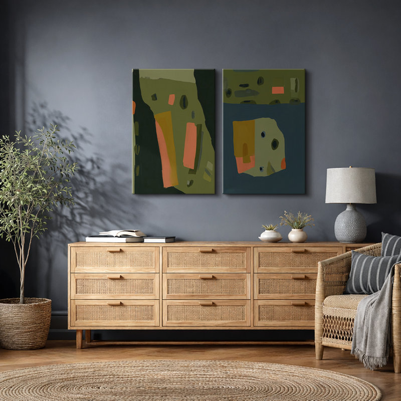 "Modern", abstrait, orange et vert, ensemble géométrique, images de salon, impression sur toile encadrée, 2 pièces