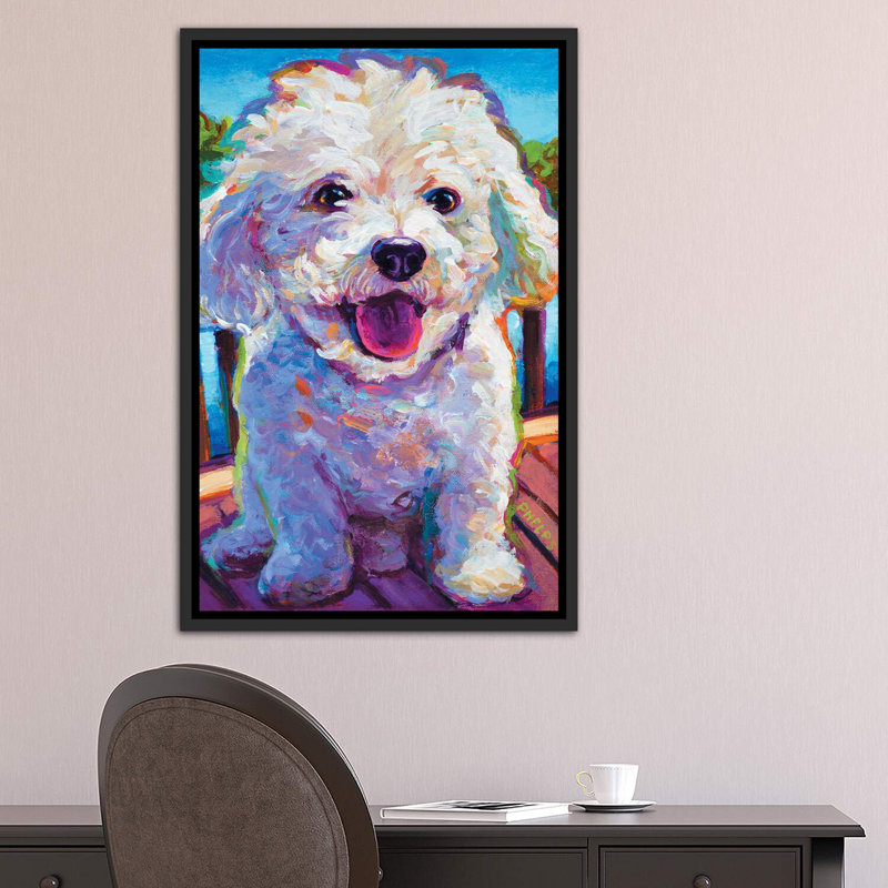 " Bichon Frise " by Robert Phelps, 40" H x 26" W x 1.5" D, Distressed Black Floater Framed