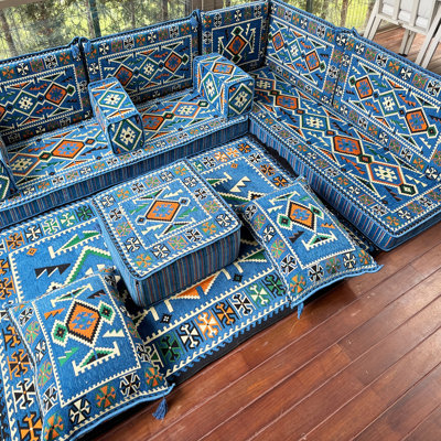 Southwestern Tribal Ottoman Sofa Set with Rug and Pillows