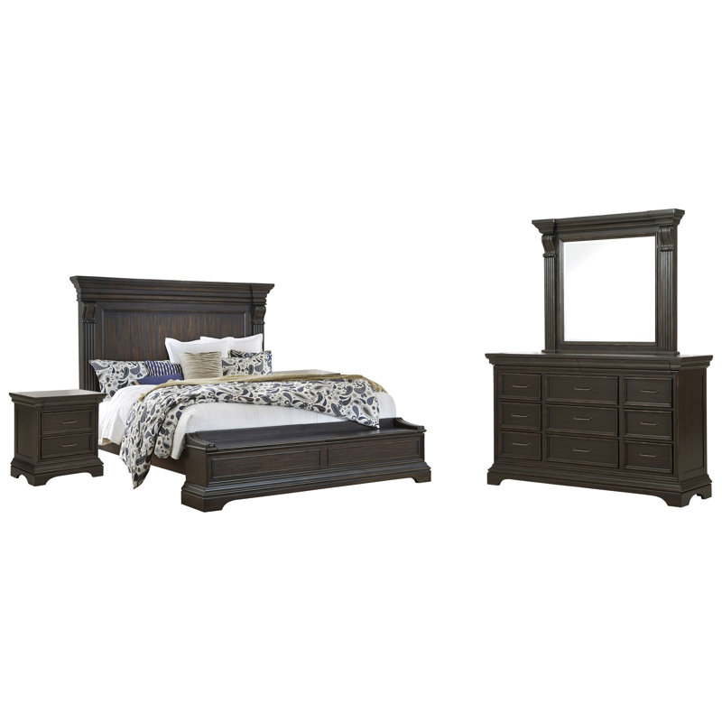 Très grand lit de rangement Boletice avec tables de chevet et commode avec miroir, Très grand lit