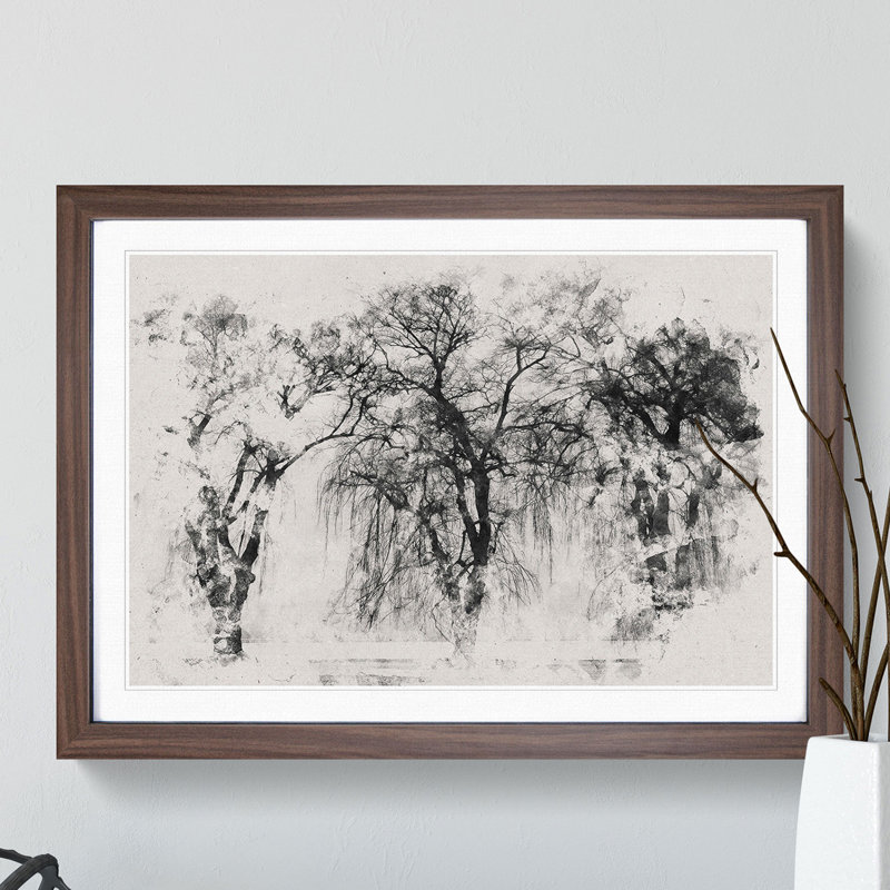 Three Trees at Winter Watercolour - Picture Frame Graphic Art, 36cm H x 48cm W x 2cm D, Walnut