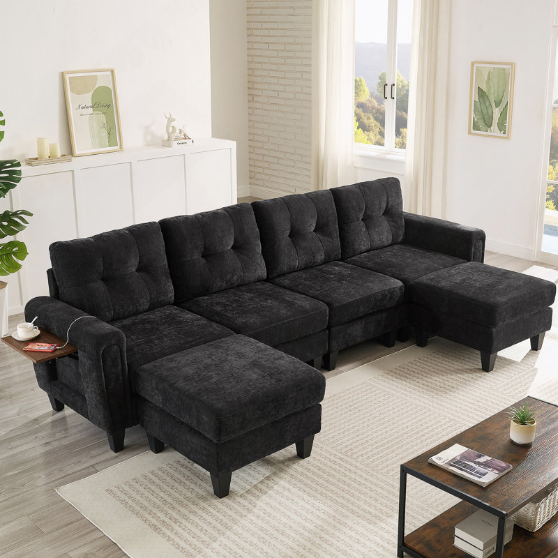 Canapé modulaire moderne en U de 115 po avec deux repose-pieds mobiles, ports USB et tables d'appoint pour le salon, noir