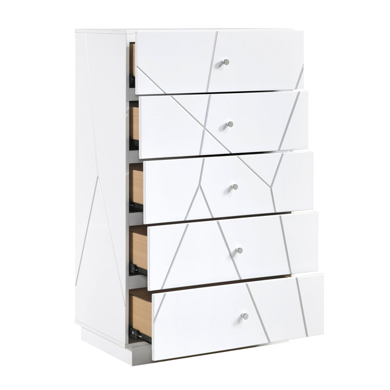 Commode de rangement à 5 tiroirs à finition blanche glamour