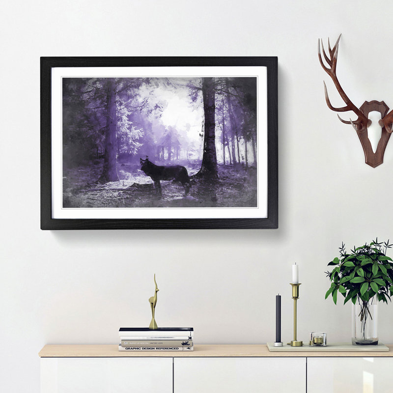 Black Wolf in a Purple Forest in Abstract - Picture Frame Painting Print, Black Framed, 48cm H x 65cm W x 2cm D