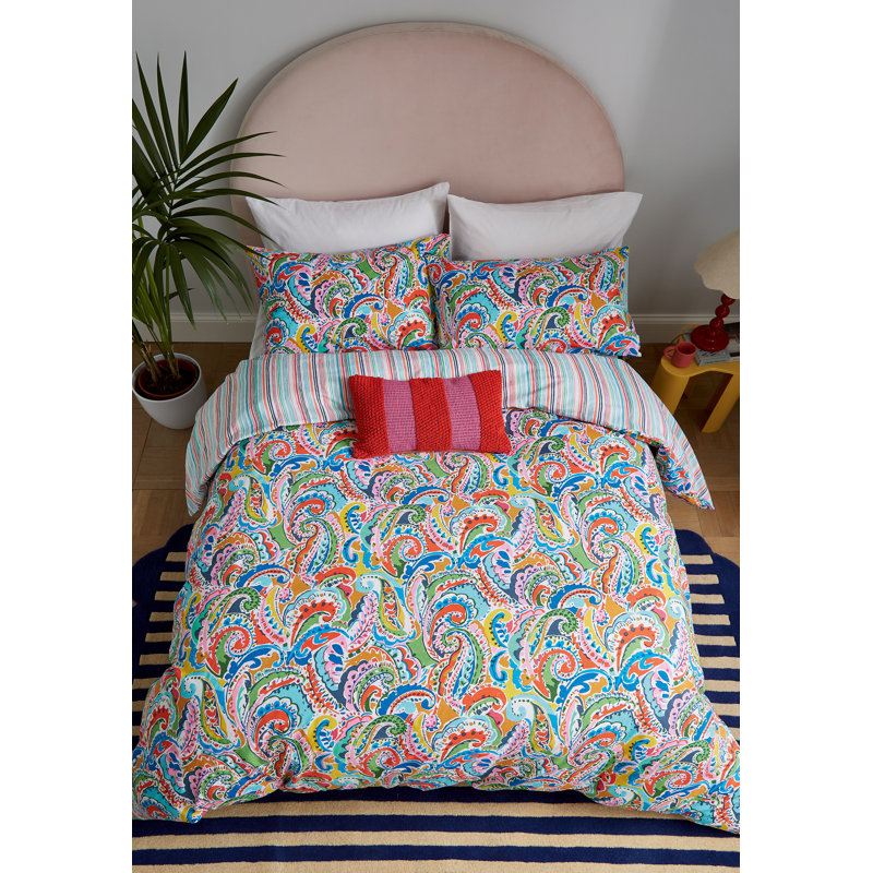 Penny Cotton Duvet Cover Set, Blue, King Size Duvet Cover + 2 Pillowcases