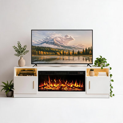 Meuble télé avec foyer électrique intégré de 70 pouces (178 cm) et insert de foyer électrique de 36 pouces (91 cm) - Compatible avec les téléviseurs jusqu'à 80 pouces (203 cm) - Chaleur réglable de 1500 W, 12 couleurs de flamme, éclairage d'ambiance DEL - Console multimédia à 2 niveaux avec 2 placards - MDF noir brillant