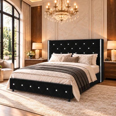 Alber Upholstered Bed Frame With Diamond Tufted Headboard, Modern Wingback, No Box Spring Needed