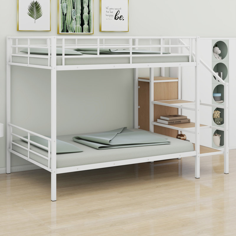 Lit superposé en métal avec garde-robe, Blanc/naturel