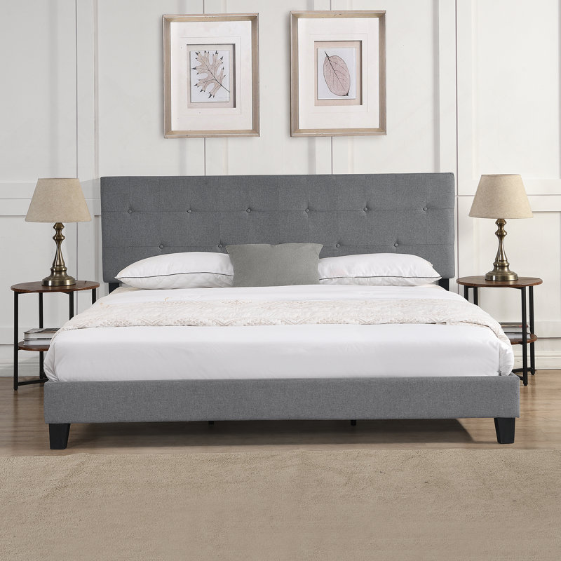 King Size Upholstered Platform Bed Frame, Button - Tufted Linen Headboard, Wood Slat, Gray, Gray, King