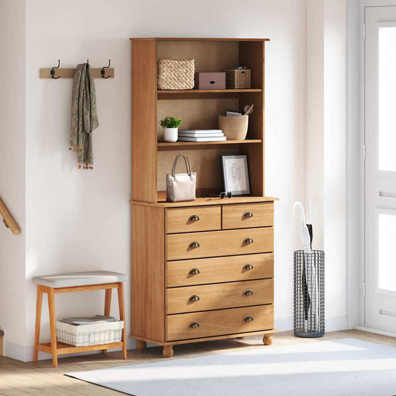 Hutch With Drawer 91 X 40 X 200.5 Cm Solid Pine Wood, Brown
