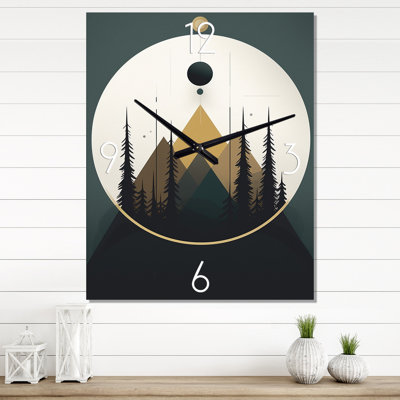 Minimal Full Moon Mountain In Green And Blue - Abstract Landscape Wall Clock Oversized