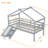 Twin Low Loft House Bed With Slide,  Ladder, Safety Guardrails, House Roof Frame,Grey