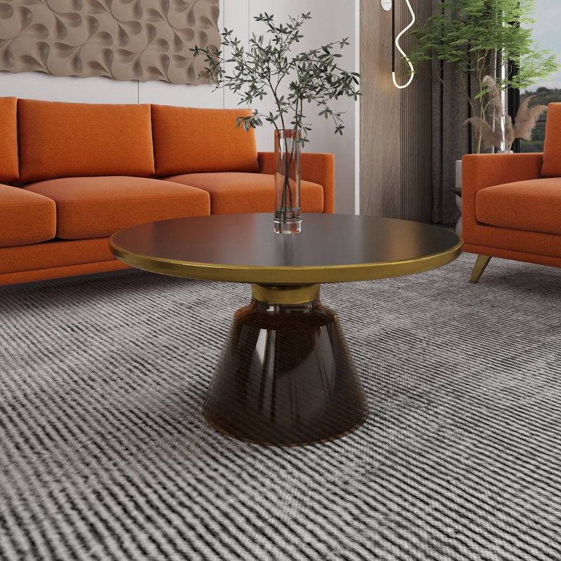 30" Round Coffee Table Glass/Sintered Stone Top With Brushed Gold Rim And Tempered Glass Base, Gray