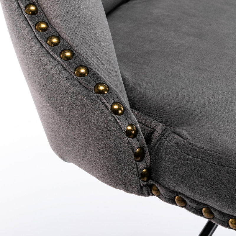 Velours moderne rembourré gris avec dossier, de 2, pivotant sur 360 °, hauteur de siège réglable de 25 à 33 po, base de 17,7 po, rivets martelés à la main, siège ergonomique de style américain