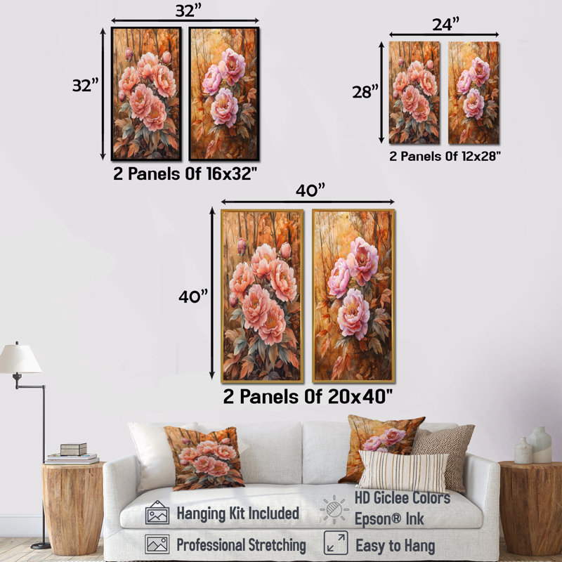 Pivoines et la forêt d'automne I - Collection d'art mural floral 2 panneaux, Cadre flottant noir, H 32 po x l 33 po