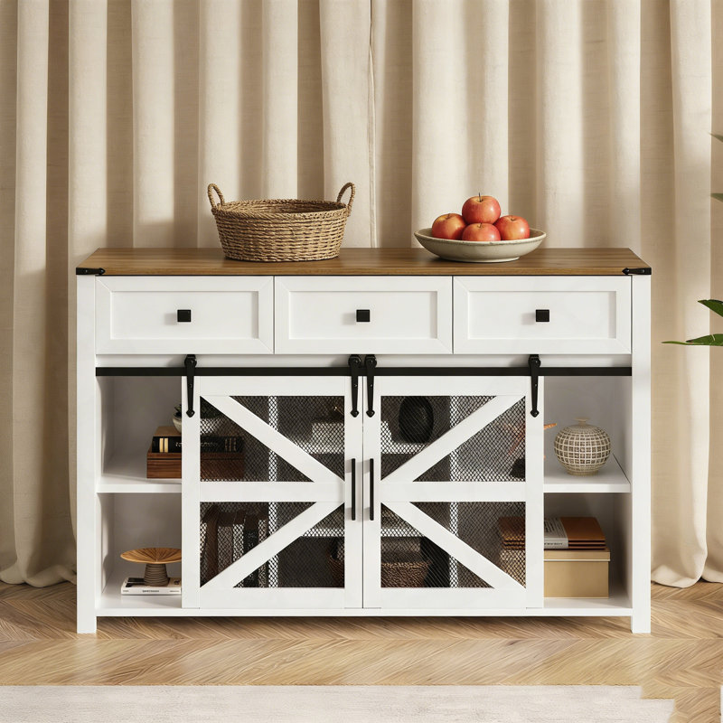 55-Inch Sliding Barn Door Sideboard with Adjustable Shelves, 3 Drawers, and Industrial Metal Accents for Versatile Home Storage.