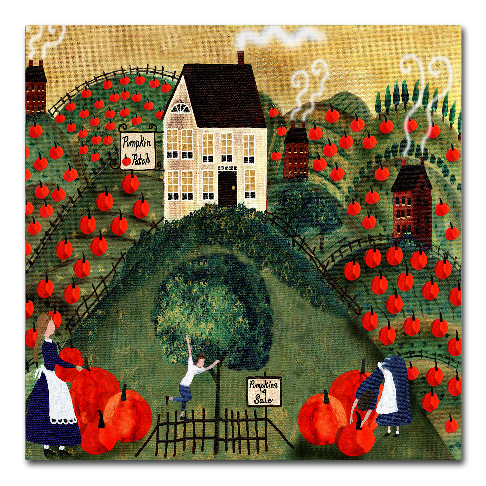 Pumpkin Red Barn Folk Art On Canvas by Cheryl Bartley Print