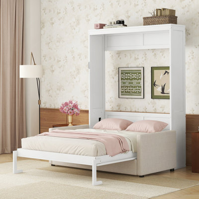 Queen Size Murphy Wall Bed with Cushion & Sofa, Space-Saving Foldable Bed with Storage, White