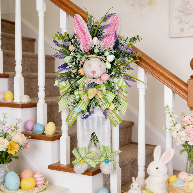 Couronne de lapin en forme d'œuf de Pâques lavande de 1 PC, couronne de fleurs artificielles en forme de lapin de Pâques avec œufs artificiels colorés et nœud de verdure pour porte d'entrée, décoration de fenêtre de maison de campagne de Pâques