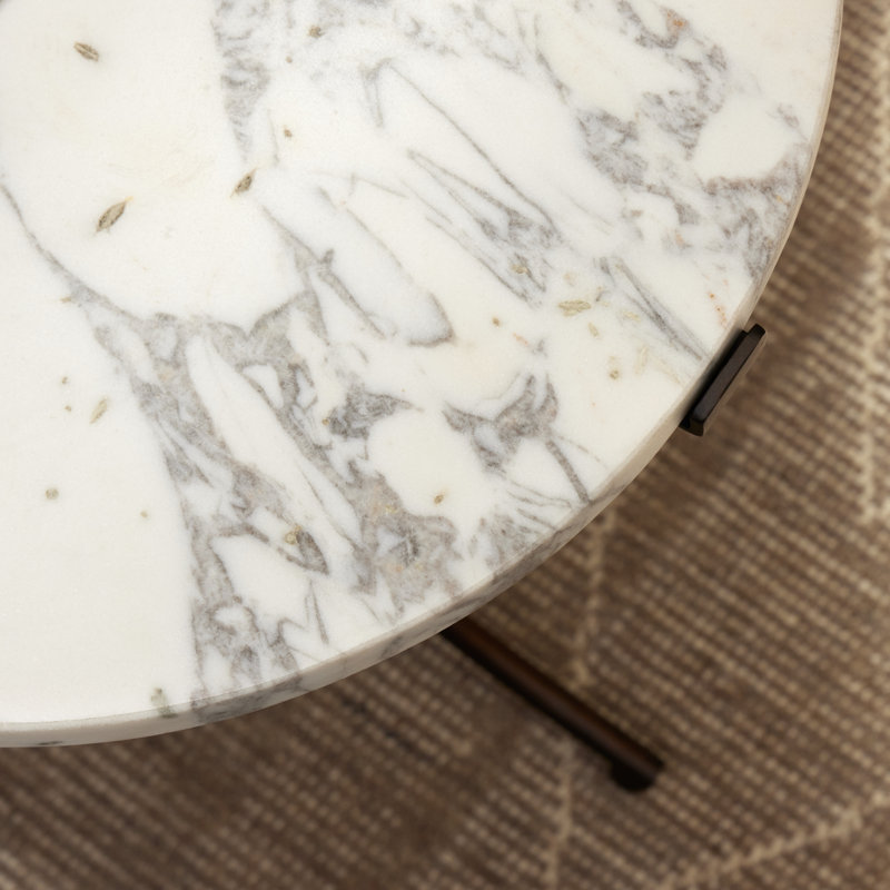 Crowne Seagate Marble Top End Table, Veined White Top/Antique Rust Base