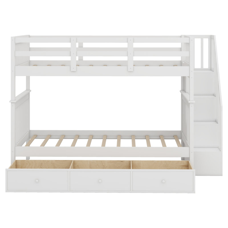 Lit superposé à escalier avec trois tiroirs, Blanc