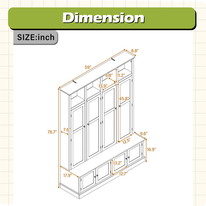 76.7''H Farmhouse Hall Tree with Bench and Cabinet, 4-in-1 Entryway Bench with Coat Rack, White