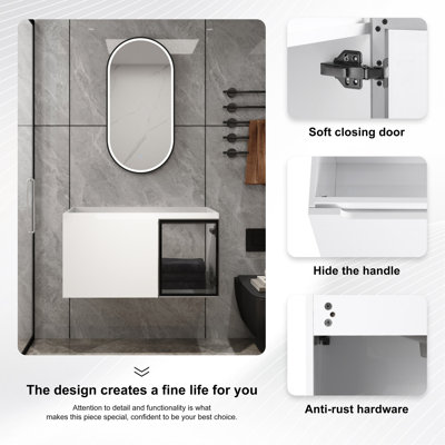 Meuble-lavabo mural 36 po (35-1 / 4 po), 2 portes à fermeture en douceur, meuble-lavabo blanc brillant et 1/2 porte en verre gris, contreplaqué (emballage KD) - Lavabo non compris