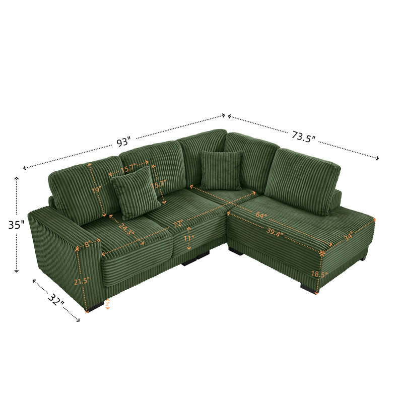 93" L Shaped Sofa Upholstered Soft Corduroy Sectional Couch With Reversible Chaise Lounge For Living Room, Apartment