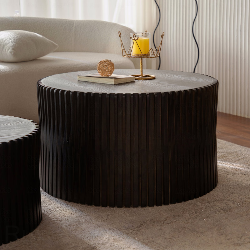 Vintage Nesting Coffee Table Set of 2 – Cylindrical Textured Design with Vertical Grain Relief | Space-Saving Hollow Design for Living Room, Office & Dining (No Assembly)