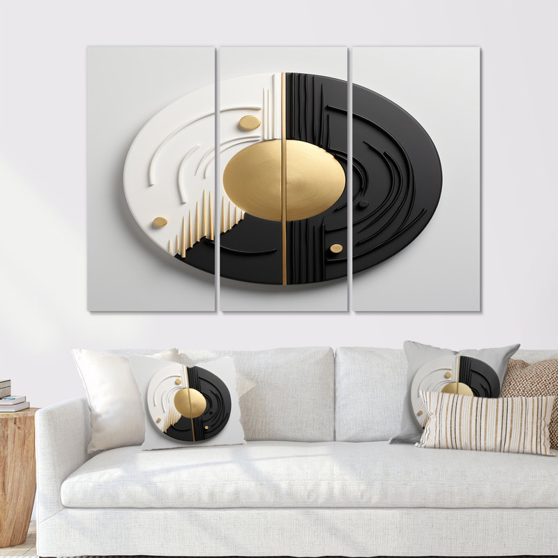Or blanc, cercle noir abstrait - ensemble d'art mural géométrique, Toile tendue, H 28 po x l 36 po x P 1 po