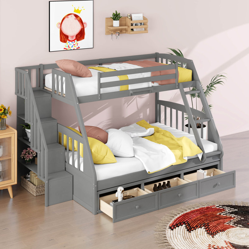Lit superposé simple au-dessus de double avec tiroirs, échelle et escalier de rangement, cadre de lit en bois, aucun sommier nécessaire
