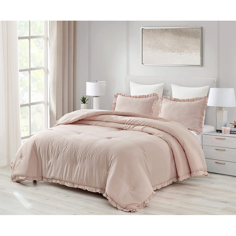 Blush Oversized Queen Microfiber Comforter Set with Ruffled Trim