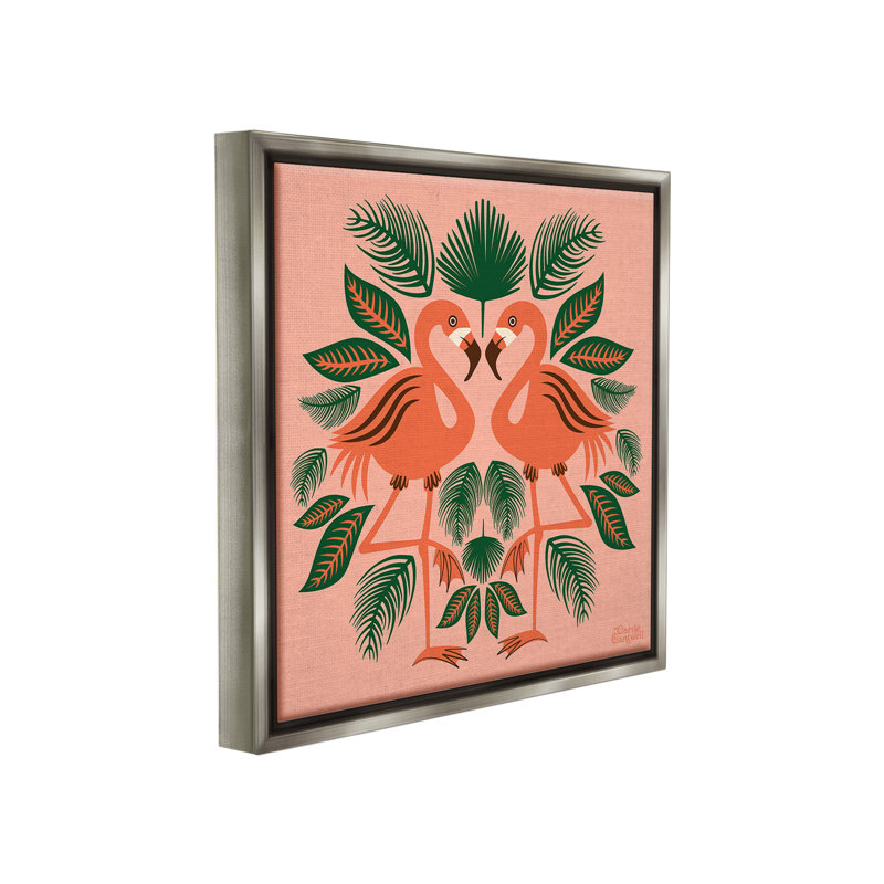 "Symmetrique de flamants tropicaux" par Carrie Cantwell sur toile, Cadre flottant gris lustré, H 25 po x l 25 po
