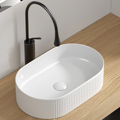 19.46 In. Depth Oval Countertop Vessel Sink, 12.45 Width, White Porcelain, High - Temperature Fired And Smooth Surface Bathroom 19 X 12, Ceramic, Straight Line Texture Easy Installation