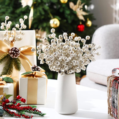 30 pièces de baies de Noël artificielles champagne avec paillettes flocon de neige